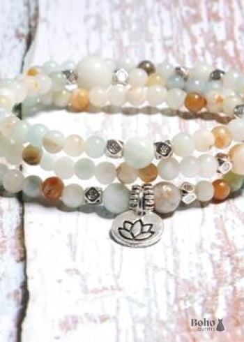Boho Bracelet, Layers Green Amazonite Mala Mantra Lotus